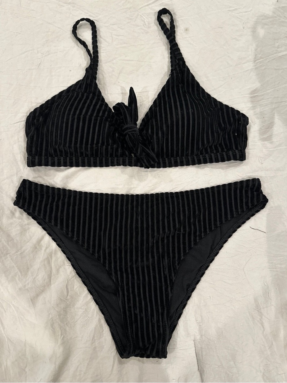 SHEIN Black Ribbed Tie-Front Bikini Set